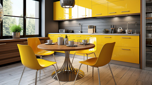 3D 渲染的现代用餐区配有黄色椅子和桌子