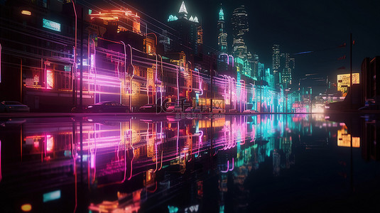 数字建设背景图片_智能城市 3D 渲染霓虹灯大都市反射街道水坑的光线