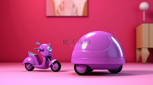粉红色房间中紫色不倒翁玩具的学前游戏时间 3D 渲染