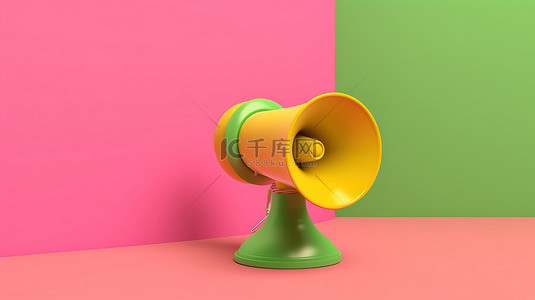思想的泡泡背景图片_带有黄色气泡和绿色扩音器的空白粉色背景的 3D 渲染