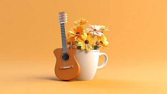爱情花背景图片_装饰有吉他和花卉设计的咖啡杯的 3D 渲染