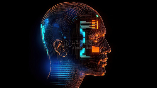 带全息机器人头的印度卢比货币的未来 3D 渲染