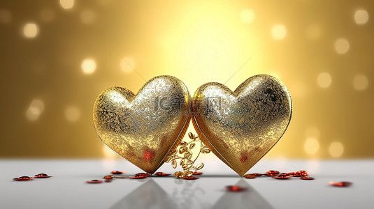 情人节金背景图片_浪漫情人节背景的 3D 渲染，有两颗金心