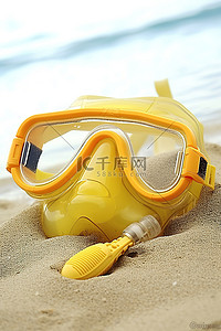 面罩背景图片_海滩上的黄色潜水面罩通气管和护目镜