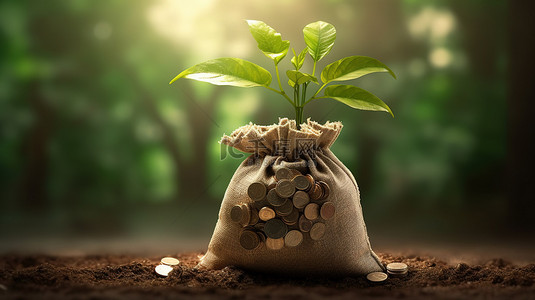 美元硬币袋和植物象征着通过 3D 渲染概念的金融投资未来的收入增长