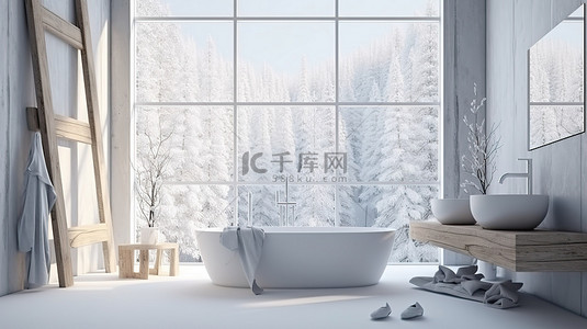 冬天的白色木制浴室 3d 渲染与窗口视图
