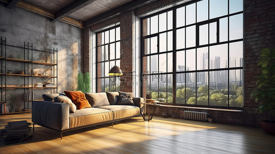 阁楼起居空间 3D 渲染中视野开阔的现代沙发
