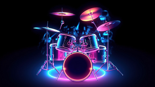 爵士夜背景图片_令人着迷的霓虹灯点亮的鼓组 3D 插图