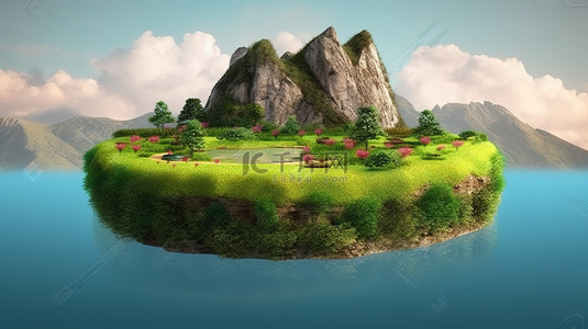 乡村风景背景背景图片_令人惊叹的 3D 渲染山地景观与浮岛岩草和乡村风光