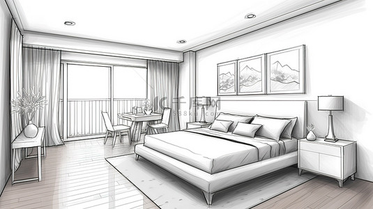房子平面3d背景图片_一间布置完美的卧室的 3D 插图，配有床椅子衣柜和桌子
