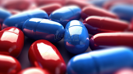 红色和蓝色抗生素保健药丸的 3D 渲染
