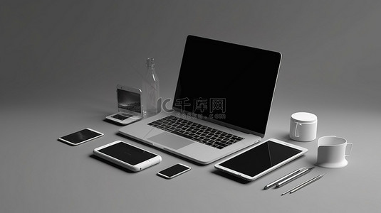 电脑和手机背景图片_笔记本电脑平板电脑和手机模型的灰色隔离 3D 渲染