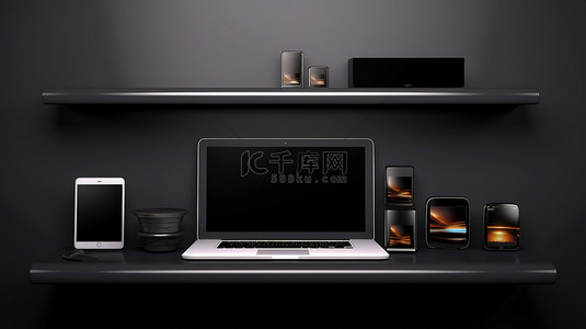 时尚黑背景图片_3D 插图中时尚黑架笔记本电脑手机和平板电脑上显示的数字设备