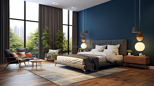 浅色家具背景图片_时尚的深蓝色墙壁卧室配有优雅的浅色家具和舒适的棕色椅子 3D 渲染