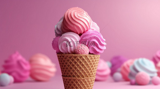 醪糟冰淇淋杯背景图片_粉红色华夫饼锥体和蓬松球冰淇淋的创新插图