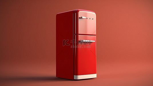 侧视图老式厨房用具复古红色冰箱的 3D 渲染