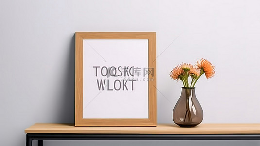 时尚的木制相框模型，白桌上有花瓶，与白墙 3D 渲染和插图