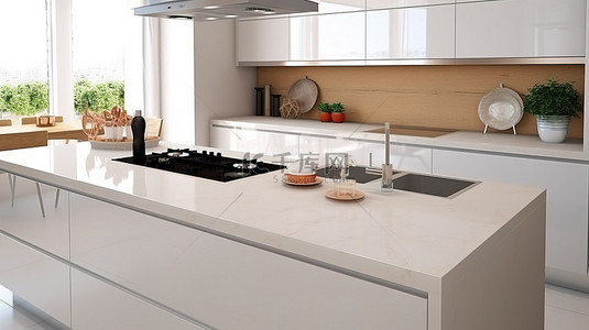 现代厨房的 3D 插图，配有时尚的台面水槽炉柜和岛台
