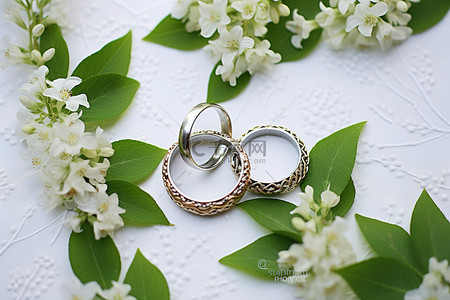 两个心形绿色结婚戒指，带叶子