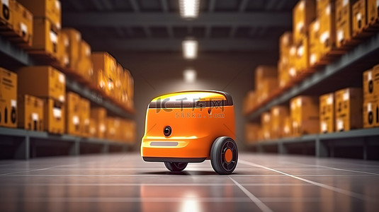 创新的 3D 渲染展示了自动化仓库中搬运箱子的送货机器人