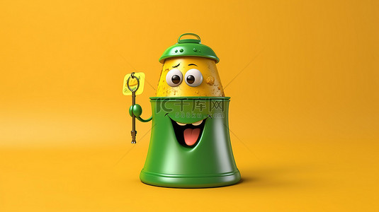 垃圾回收人物背景图片_3D 渲染的绿色垃圾箱人物吉祥物和黄色背景上带有复古金色校钟的回收标志