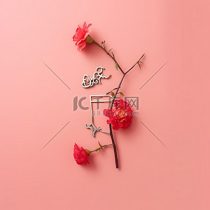 韩文背景背景图片_粉红色背景上的中国汉字和红色花朵