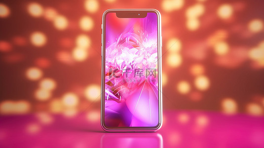 智能科技手背景图片_位于发光粉红色抽象背景上的智能手机的 3D 插图