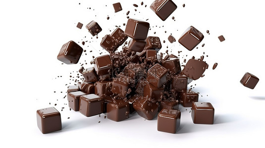 白色背景上紧密相连的掉落巧克力块的 3D 插图