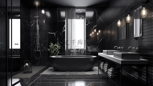 交通雷达背景图片_豪华的瓷砖装饰在 3D 渲染中提升了现代黑色浴室