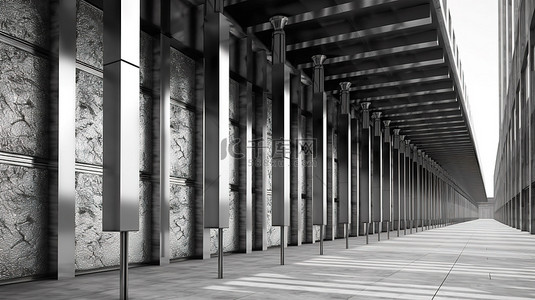 时尚的建筑金属柱墙设计的 3D 渲染