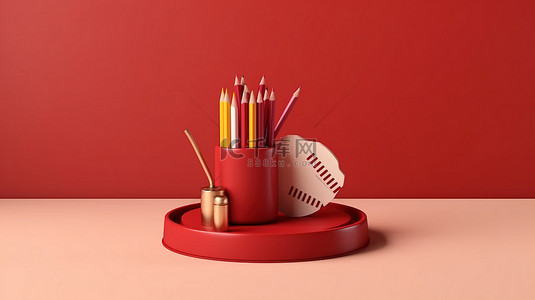 家庭物品背景图片_回到学校产品展示架，深红色 3D 插图平躺，顶部视图上方有铅笔