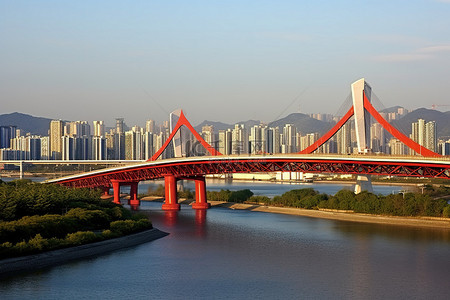 国家顶级域名背景图片_仁川首尔天蓝色大桥和韩国国家工程院地铁塔