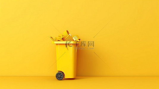 简约的黄色背景与 3D 渲染的抽象回收箱