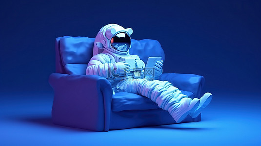 星星动背景图片_太空探险家在沙发上放松，手里拿着笔记本电脑 3D 渲染，映衬在蓝色的夜空上