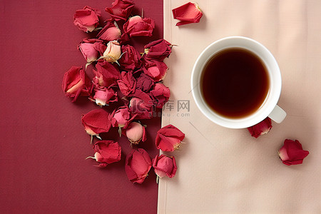 花玫瑰背景图片_玫瑰花瓣样品旁边的一杯茶