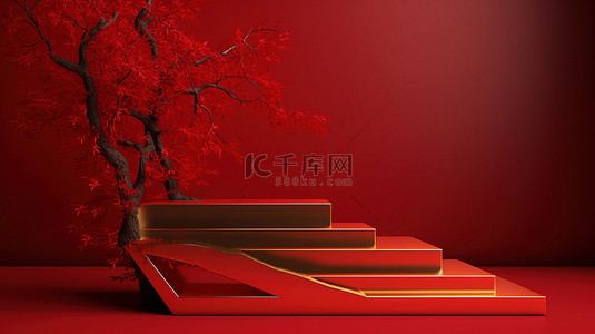 红色方形背景图片_红色阶梯上的照明金色树枝显示 3d 渲染抽象背景