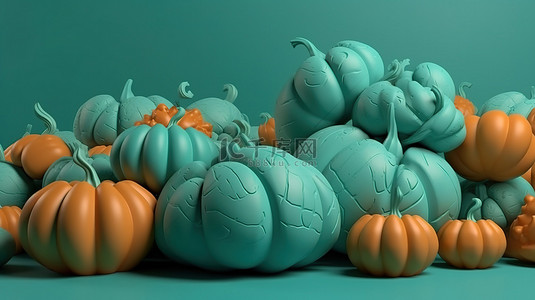 绿松石背景下南瓜的秋季 3D 插图创意构图