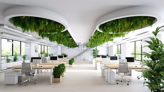 具有自然元素和开放式天花板设计的室内办公空间 3D 渲染
