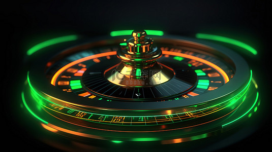 3d 轮盘赌轮，带有充满活力的霓虹灯和黑色背景下的飞行金币
