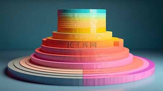 3d分层背景图片_令人愉悦的彩虹柱悬停在分层排列的 3D 圆形讲台上方