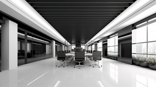 时尚别致的单色办公空间的 3D 渲染，配有黑钢装饰和白色地板
