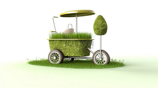 手推车车背景图片_白色背景下郁郁葱葱的绿色草坪上冰淇淋车的 3D 渲染