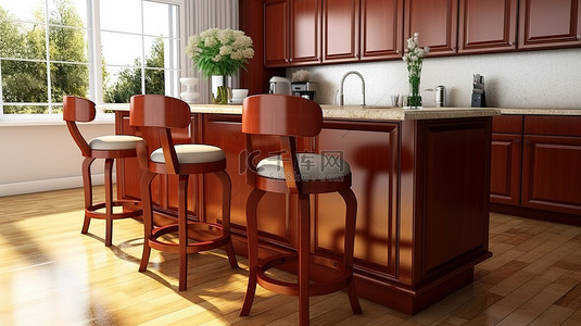 可旋转吧椅背景图片_樱桃色厨房岛家具的细节以及 3D 渲染的配套吧椅