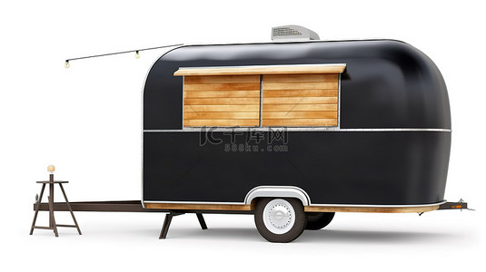 快餐自助餐厅背景图片_在白色背景 3D 渲染的气流大篷车食品卡车旁边户外展示空白木制菜单黑板