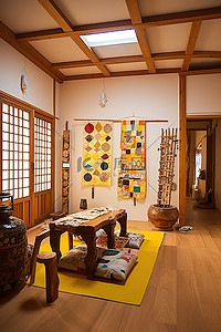放假通知日韩风背景图片_日式房间配有小木柜台和椅子