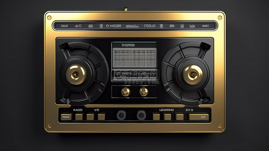 金色色调的老式录音带播放器 3D 渲染方形按钮键，用于界面 ui ux 设计