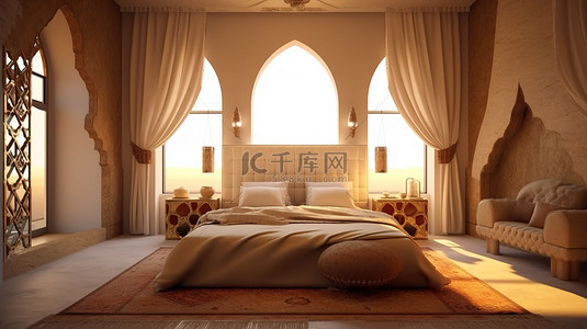 中东旅游背景图片_中东阿拉伯主题卧室的 3D 渲染