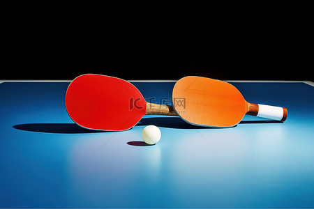 乒乓球桌面背景图片_蓝色桌面和剪影上的乒乓球拍和球