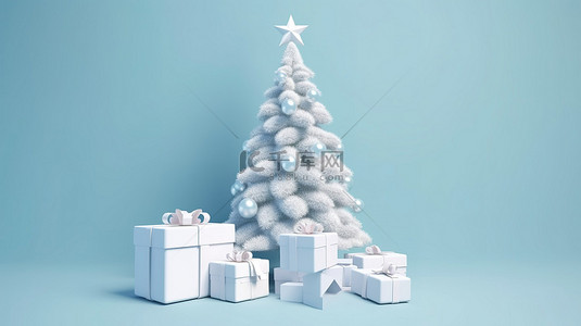 蓝色背景下带圣诞树的假日主题白色礼盒 3D 渲染