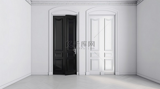 3D 渲染中带有黑色公寓门的白色房间入口门墙模型